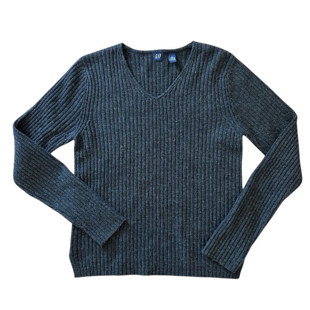 GAP Womens VTG Charcoal Gray Wool Ribbed V-Neck Sweater Sz L Capsule Minimalist